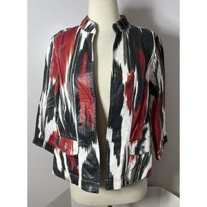 Chico Blazer Jacket Size 0 Small Metallic Shimmer Red Black White Linen